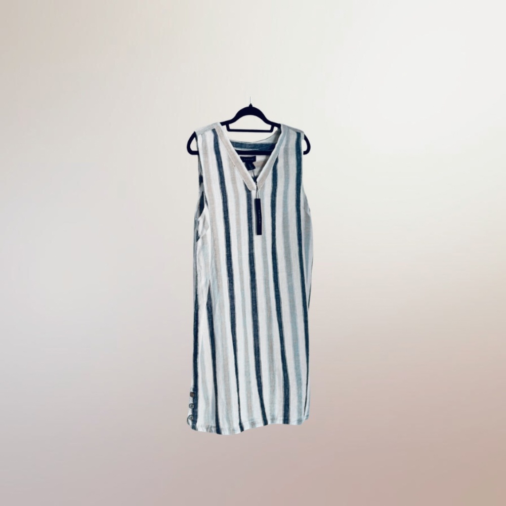 Tahari Striped Linen Blend Sleeveless Dress | Size L | NWT | Beige-Blue
